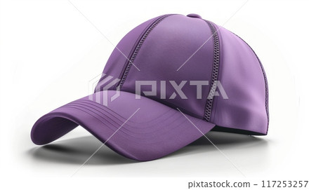 purple baseball cap sits on a white surface, ready to be worn. The cap has a curved brim and a soft, smooth texture. 117253257