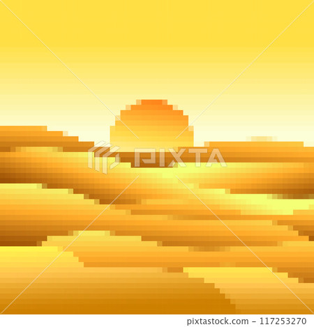 Desert landscape in pixel art style. Sun over sand dunes in the style of 8-bit retro graphics of the 80s and 90s. Pixel desert landscape. Design for printing banners and posters. Vector illustration 117253270