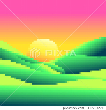 Green meadows at dawn in pixel art style. Rising sun on green fields in the style of 8-bit retro graphics of the 80s and 90s. Design for covers, banners and posters. Vector illustration 117253271