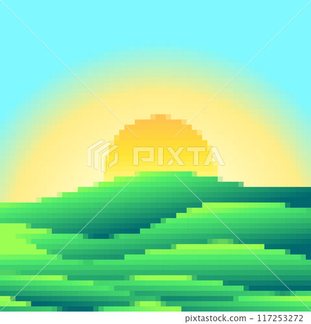 Green meadows at dawn in pixel art style. Rising sun on green fields in the style of 8-bit retro graphics of the 80s and 90s. Design for covers, banners and posters. Vector illustration 117253272
