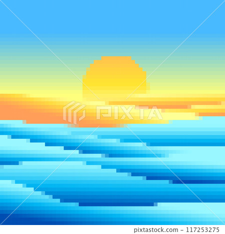 Pixel coastline, sandy beach and shore. Sunset on the beach in the style of 8-bit retro graphics of the 80s and 90s. Sand dunes, sea and sun in pixel art style. Vector illustration Pixel coastline, sandy beach and shore. Sunset on the beach in the style of 8-bit retro graphics of the 80s and 90s. Sand dunes, sea and sun in pixel art style. Vector illustration 117253275