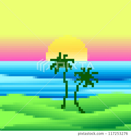Landscape with green meadows sea and sunset in pixel art style. Rising sun on green fields in the style of 8-bit retro graphics of the 80s and 90s. Design for banners and posters. Vector illustration Landscape with green meadows sea and sunset in pixel art style. Rising sun on green fields in the style of 8-bit retro graphics of the 80s and 90s. Design for banners and posters. Vector illustration 117253276