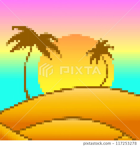 Pixel desert landscape with palm trees and sand dunes. Landscape with palm trees in the desert in the style of 8-bit graphics of retro games of the 80s-90s. Pixel art style. Vector illustration 117253278