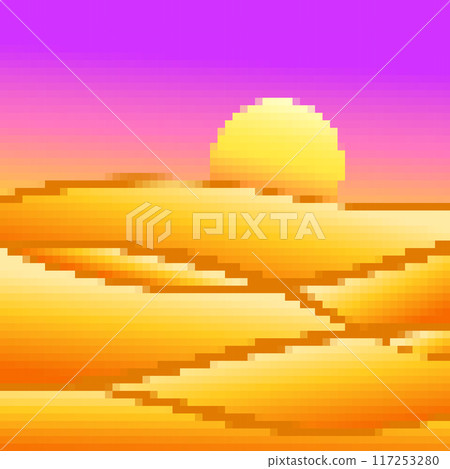 Desert landscape in pixel art style. Sun over sand dunes in the style of 8-bit retro graphics of the 80s and 90s. Pixel desert landscape. Design for printing banners and posters. Vector illustration Desert landscape in pixel art style. Sun over sand dunes in the style of 8-bit retro graphics of the 80s and 90s. Pixel desert landscape. Design for printing banners and posters. Vector illustration 117253280