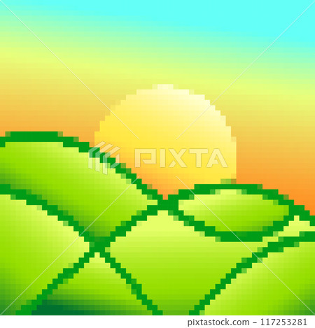 Green meadows at dawn in pixel art style. Rising sun on green fields in the style of 8-bit retro graphics of the 80s and 90s. Design for covers, banners and posters. Vector illustration Green meadows at dawn in pixel art style. Rising sun on green fields in the style of 8-bit retro graphics of the 80s and 90s. Design for covers, banners and posters. Vector illustration 117253281