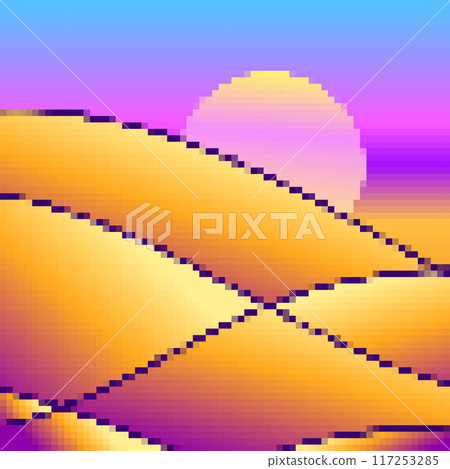 Desert landscape in pixel art style. Sun over sand dunes in the style of 8-bit retro graphics of the 80s and 90s. Pixel desert landscape. Design for printing banners and posters. Vector illustration 117253285