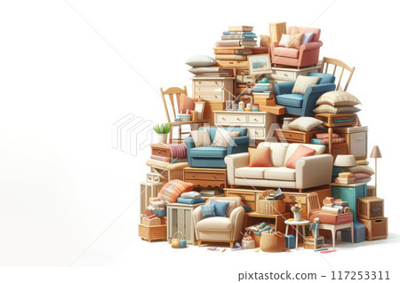 A large pile of different furniture and things. Space for text. A large pile of different furniture and things. Space for text. 117253311