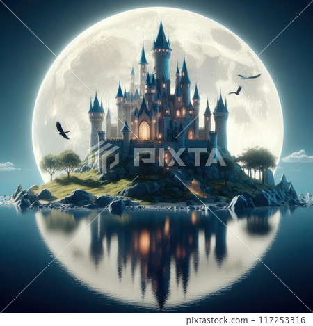 A fairytale castle against the background of a large full moon. A fairytale castle against the background of a large full moon. 117253316