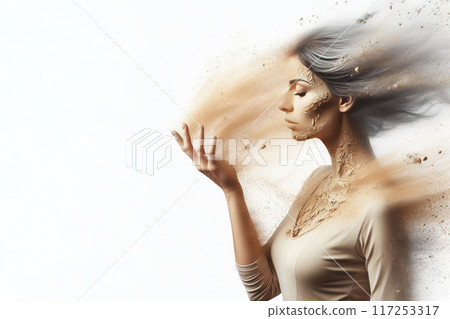 A woman turning into dust. Space for text. 117253317
