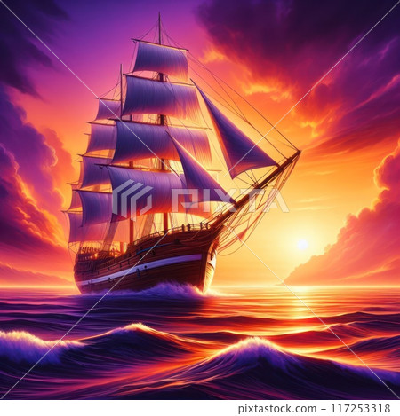 A beautiful sailing ship sailing against the background of a sunny sunset. 117253318