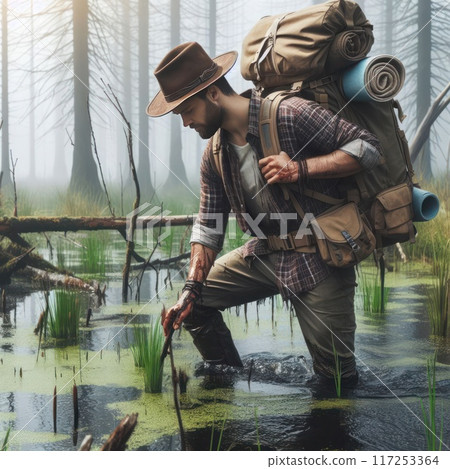 A traveler making his way through a swamp. A traveler making his way through a swamp. 117253364