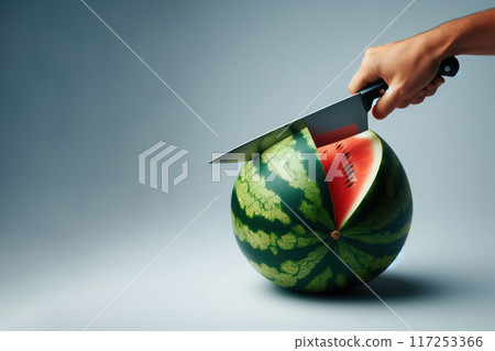 A knife cutting a watermelon. Space for text. 117253366