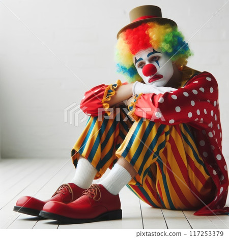 Sad clown sitting on the floor. 117253379