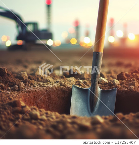 Close-up of a shovel lying in a hole. 117253407