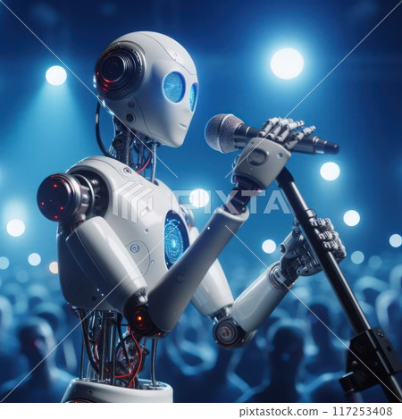 A robot stands at a microphone on stage. 117253408