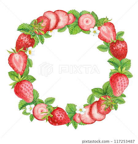 Round wreath of garden strawberries. Watercolor flowers and leaves of ripe red berries are collected in a round frame. Composition from farm strawberries to decorate an eco-product. rustic clipart. Round wreath of garden strawberries. Watercolor flowers and leaves of ripe red berries are collected in a round frame. Composition from farm strawberries to decorate an eco-product. rustic clipart. 117253487