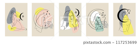 Vertical card or posters set with one single line drawing of female face and abstract shapes Vertical card or posters set with one single line drawing of female face and abstract shapes 117253699