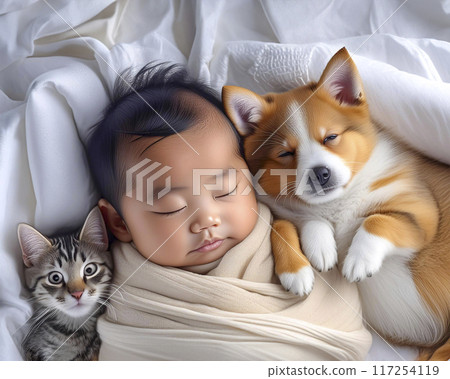 Image of a baby sleeping in bed 117254119