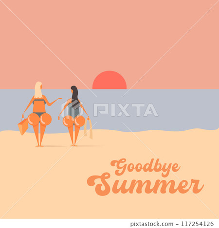 Summer goodbye concept illustration withTwo girlfriend with big booty walking on beach. Vector goodbye summer concept minimalistic illustration with woman , summer beach, ocean, sand and lighthouse. Summer goodbye concept illustration withTwo girlfriend with big booty walking on beach. Vector goodbye summer concept minimalistic illustration with woman , summer beach, ocean, sand and lighthouse. 117254126
