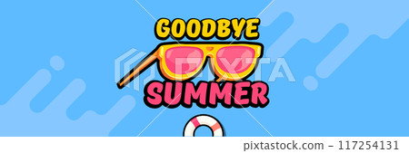 Super Goodbye summer vector banner with text and retro yellow sunglasses isolated on blue ocean background. Goodbye summer poster design template with cartoon sunglasses, beach, water pool Super Goodbye summer vector banner with text and retro yellow sunglasses isolated on blue ocean background. Goodbye summer poster design template with cartoon sunglasses, beach, water pool 117254131