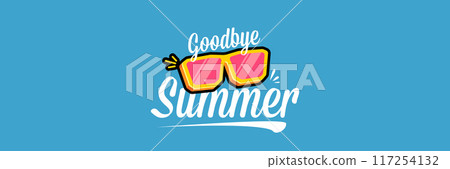 Super Goodbye summer vector banner with text and retro yellow sunglasses isolated on blue ocean background. Goodbye summer poster design template with cartoon sunglasses, beach, water pool 117254132