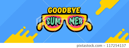Super Goodbye summer vector banner with text and retro yellow sunglasses isolated on blue ocean background. Goodbye summer poster design template with cartoon sunglasses, beach, water pool Super Goodbye summer vector banner with text and retro yellow sunglasses isolated on blue ocean background. Goodbye summer poster design template with cartoon sunglasses, beach, water pool 117254137