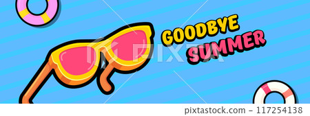 Super Goodbye summer vector banner with text and retro yellow sunglasses isolated on blue ocean background. Goodbye summer poster design template with cartoon sunglasses, beach, water pool Super Goodbye summer vector banner with text and retro yellow sunglasses isolated on blue ocean background. Goodbye summer poster design template with cartoon sunglasses, beach, water pool 117254138