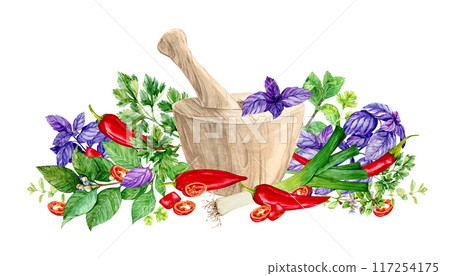 Wooden mortar and pestle for spices and aromatic herbs. Watercolor composition with basil, rosemary, parsley, dill, onion, garlic, cilantro, chili, paprika. Ingredients of Mediterranean cuisine. Wooden mortar and pestle for spices and aromatic herbs. Watercolor composition with basil, rosemary, parsley, dill, onion, garlic, cilantro, chili, paprika. Ingredients of Mediterranean cuisine. 117254175