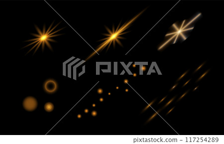 Set Golden Sequins, Glare, Radiance, Light, Glitter. Orange Glowing bright shining effect vector isolated. Bokeh light effect background. Set Golden Sequins, Glare, Radiance, Light, Glitter. Orange Glowing bright shining effect vector isolated. Bokeh light effect background. 117254289