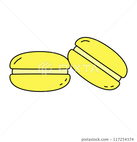 Yellow Macaron dessert or cookie filled with buttercream, doodle style vector illustration 117254374