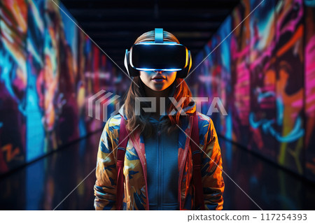 Young woman wearing VR augmented reality goggles in futuristic corridor of virtual art exhibition 117254393