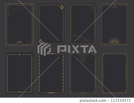 Esoteric magical Tarot cards templates. Frame border with celestial elements, crescents, stars. Mystery, astrology, alchemy. Vector illustration 117254571