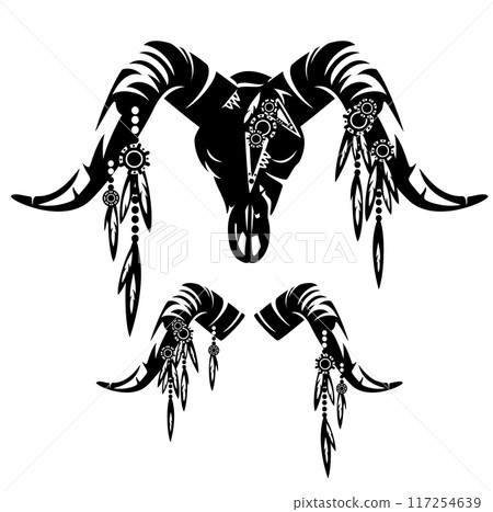 goat skull and horns with tribal feather decor black vector outline set 117254639