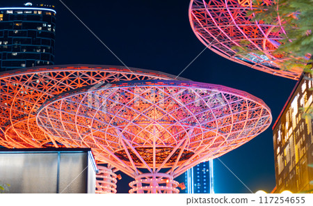 Bluewaters island and Ain Dubai ferris wheel on in Dubai, United Arab Emirates aerial view. New leisure and residential area in Dubai marina area. High quality photo 117254655