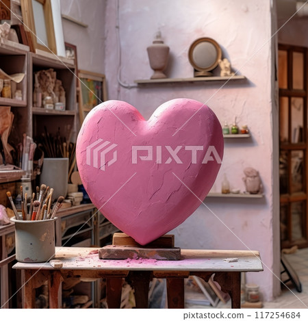 Wood easel for painting art. Heart shape sculpture. Clay or gypsum. Pink heart. Painting studio. Generated AI 117254684