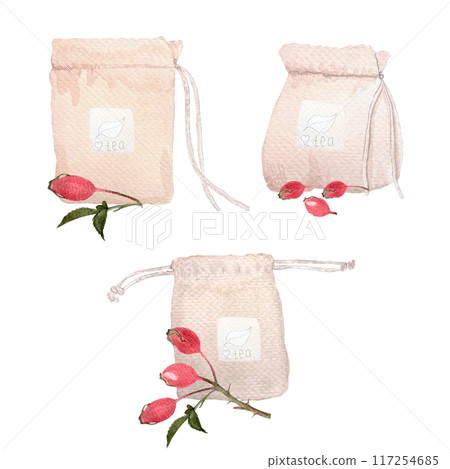Rose hip reusable hand made tea bags watercolor set isolated on white. High quality hand drawn art. Wild herb great for cards, packages, tea, infusions, herbal medicine recipes, stickers, tape 117254685