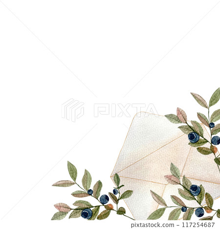 Blueberry twigs with leaves and an open envelope watercolor corner frame isolated on white. Hand painted illustration great for cards, stickers, packages, herbal production, notebooks decor and design Blueberry twigs with leaves and an open envelope watercolor corner frame isolated on white. Hand painted illustration great for cards, stickers, packages, herbal production, notebooks decor and design 117254687