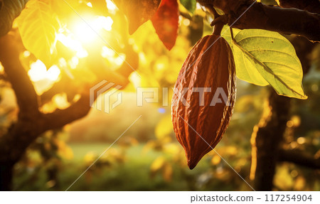 Cocoa pod, cacao tree blurred background with copy space, AI generated 117254904
