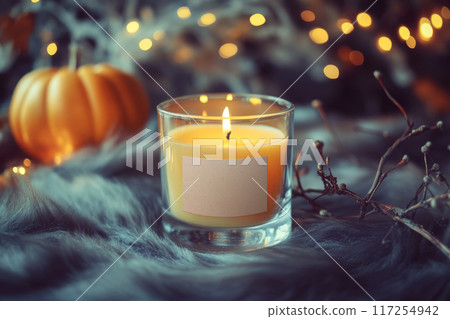 Candle in glass with a blank label, on table with Halloween decor. Styled photo product mockup 117254942