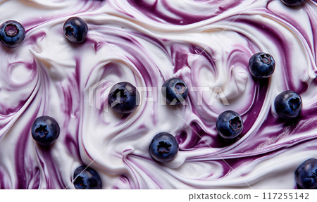 Blueberry yogurt with fresh berries, top view background, AI generated 117255142