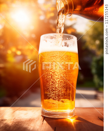 Close up of pouring beer, blurred garden background, AI generated 117255143