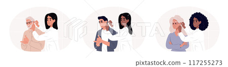 World Day Deaf. Female doctor fitting hearing aid into patient's ear while consultation in clinic. Vector illustration. 117255273
