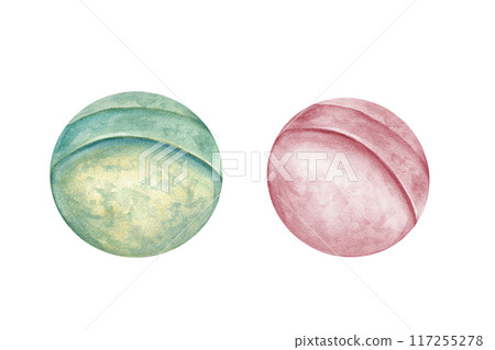Green and pink bath bomb. Hygiene natural fizz product with salt. Spa collection for relaxation, hygiene, care. Watercolor illustration. Clip art for design of shops, spa, packaging Green and pink bath bomb. Hygiene natural fizz product with salt. Spa collection for relaxation, hygiene, care. Watercolor illustration. Clip art for design of shops, spa, packaging 117255278