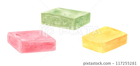 Craft Soap bars. Homemade pink, yellow and green scented soaps. Hygiene natural product. Fragrant bath soap for skin care. Watercolor illustration. Clip art for design of shops, spa decor, packaging 117255281