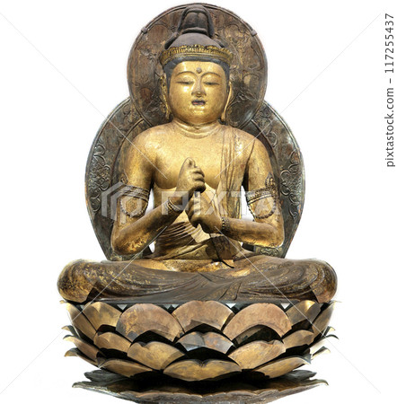 Buddhism statue Deity from ancient Japan, gold foil designs (kirikane), isolated on white background Buddhism statue Deity from ancient Japan, gold foil designs (kirikane), isolated on white background 117255437