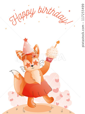 Childrens cute greeting card. A playful fox in a festive hat holds a cupcake, against a background of hearts and stars. Childrens cute greeting card. A playful fox in a festive hat holds a cupcake, against a background of hearts and stars. 117255499