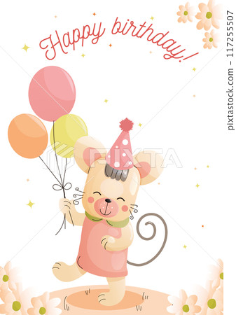 Childrens cute greeting card. A mouse in a party hat joyfully holds colorful balloons while celebrating a birthday. 117255507