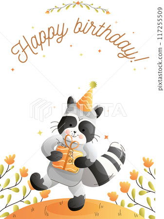 Childrens cute greeting card. A raccoon wearing a party hat joyfully holds a birthday gift among flowers. Vector 117255509