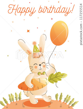 Childrens cute greeting card. A cheerful bunny in a party hat holds a balloon while celebrating a birthday. Vector Childrens cute greeting card. A cheerful bunny in a party hat holds a balloon while celebrating a birthday. Vector 117255514