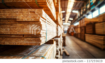 Oriented Strand Board stacked in lumber or timber warehouse. The focus is on texture and patterns of OSB boards, with background featuring more stacks of lumber blurred, indicating large stock Oriented Strand Board stacked in lumber or timber warehouse. The focus is on texture and patterns of OSB boards, with background featuring more stacks of lumber blurred, indicating large stock 117255619